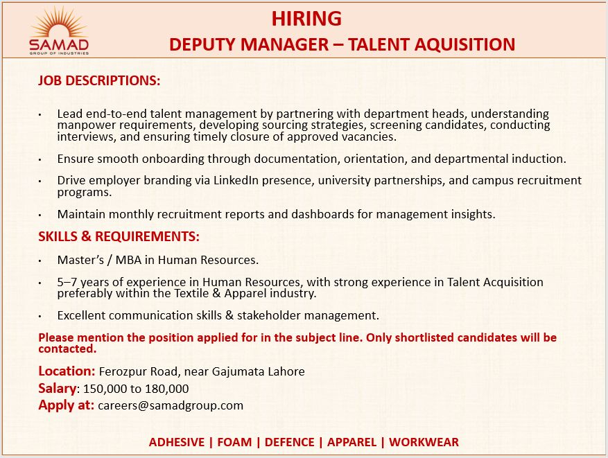 Samad Group of Industries Jobs Deputy Manager Talent Acquisition 1