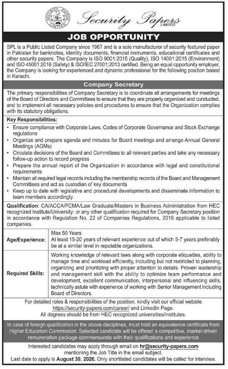 Security Papers Limited Jobs 23 August 2026 Dawn 1