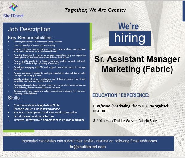 Shafi Texcel Pvt Ltd Jobs Sr Assistant Manager Marketing (Fabric) 1