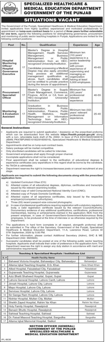 Specialized Healthcare & Medical Education Department Government of Punjab Jobs 25 August 2026 Dawn 2