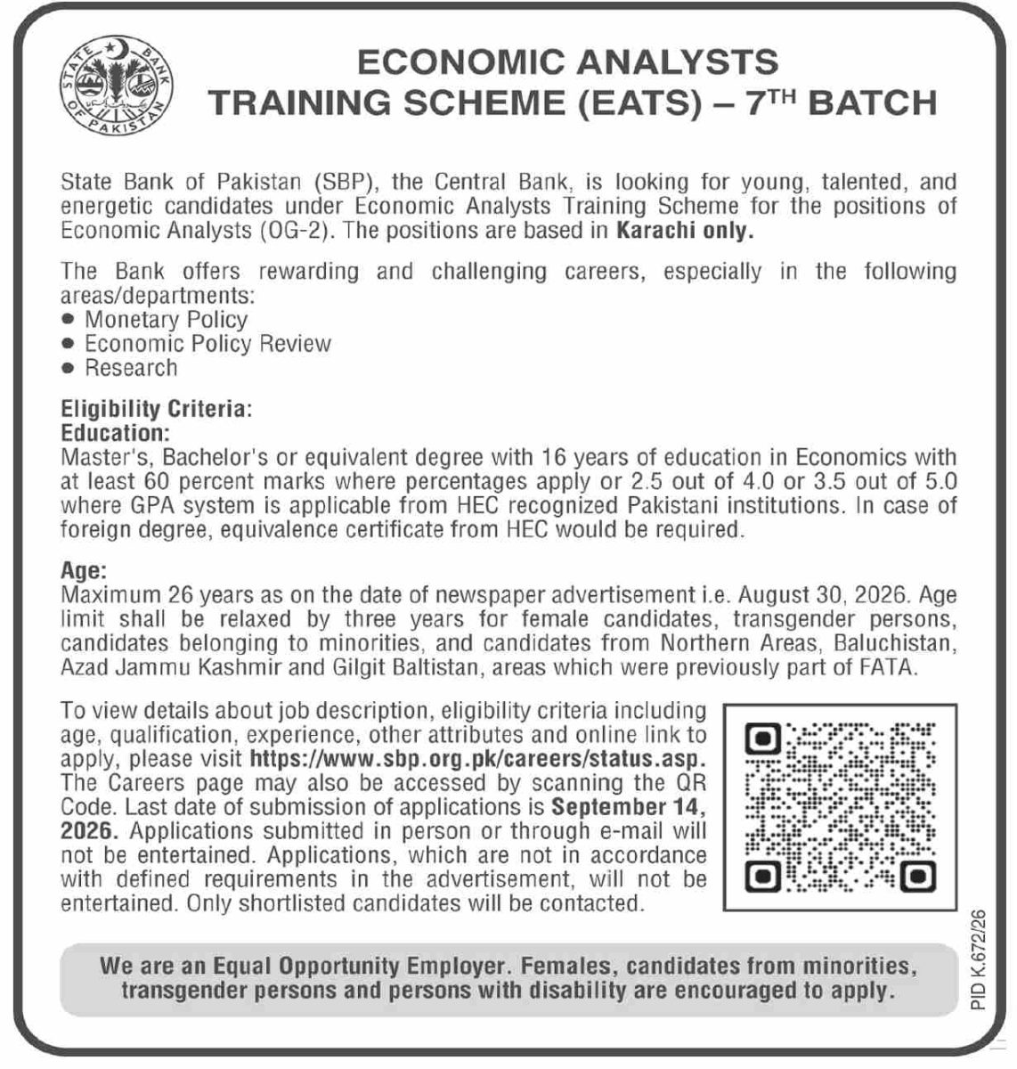 State Bank of Pakistan SBP Jobs 30 August 2026 Dawn 1