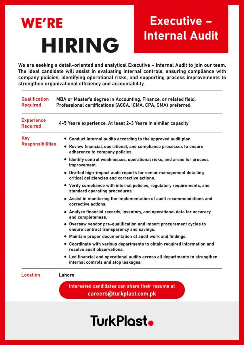 Turkplast Pvt Ltd Jobs Executive Internal Audit 1