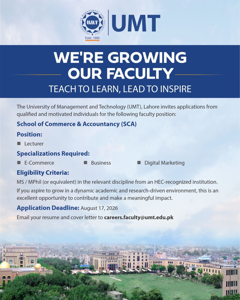 University of Management Technology UMT Jobs August 2026 1