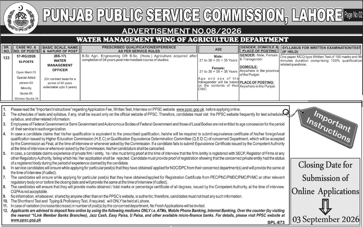 Water Management Wing of Agriculture Department Punjab Jobs 18 August 2026 Express Tribune 1