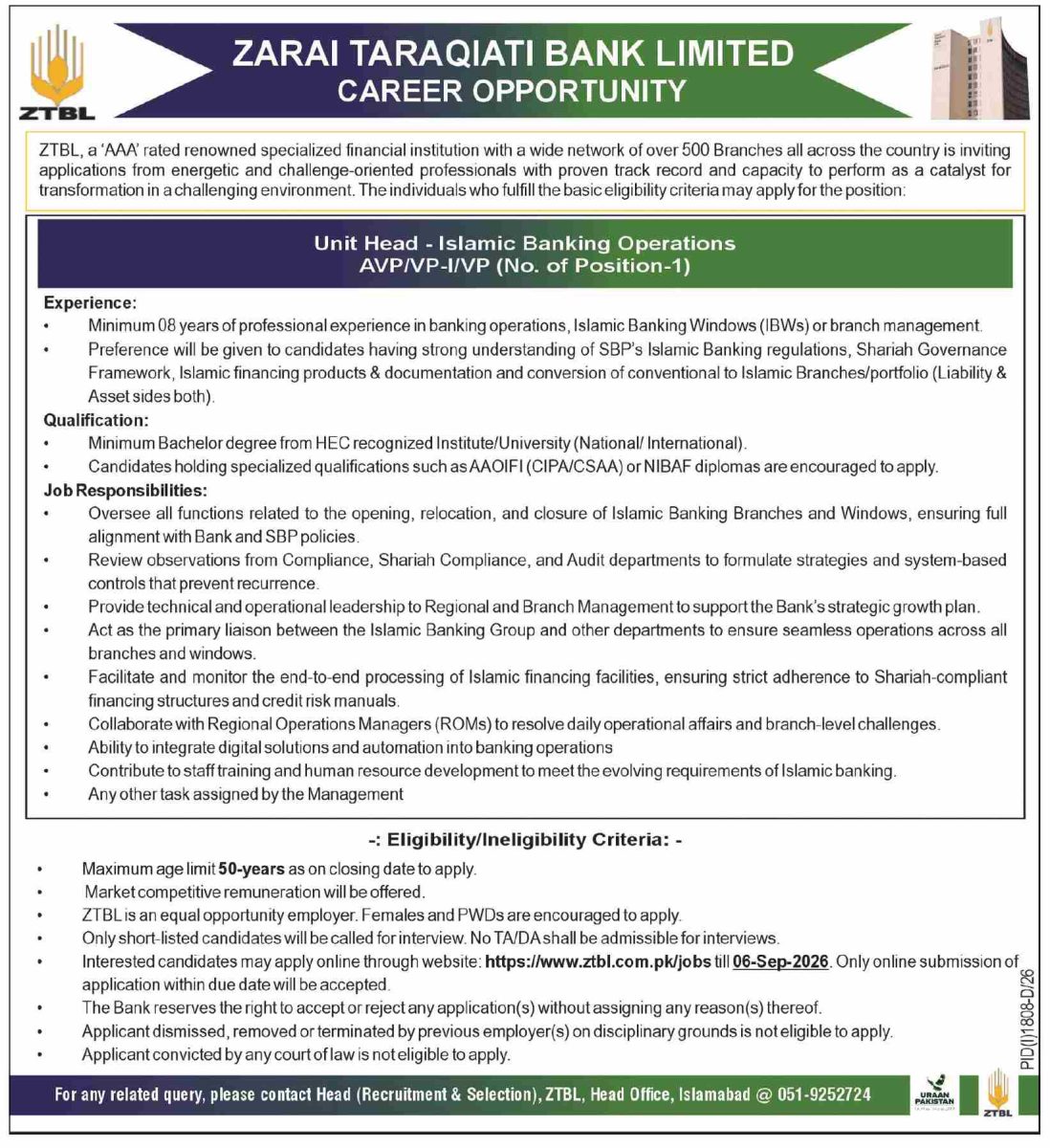 Zarai Taraqiati Bank Ltd ZTBL Jobs 23 August 2026 Dawn 1