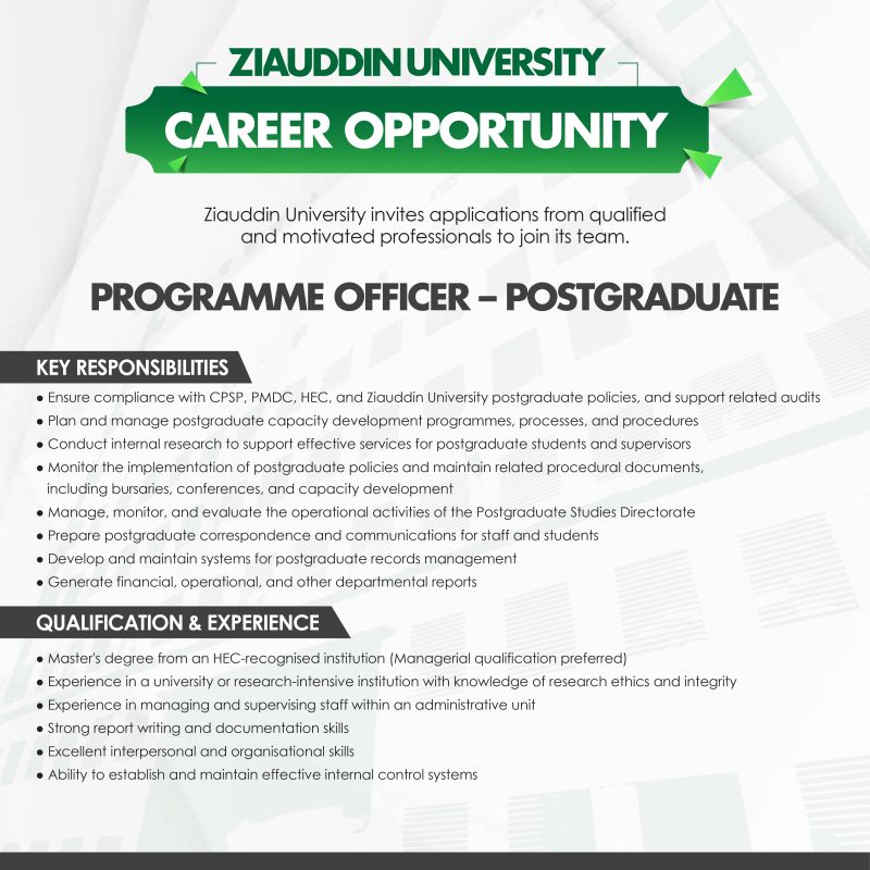 Ziauddin University Jobs Programme Officer Postgraduate 1