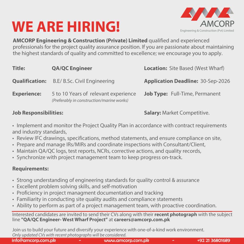 AMCORP Engineering & Construction (Pvt) Ltd Jobs QA/QC Engineer 1