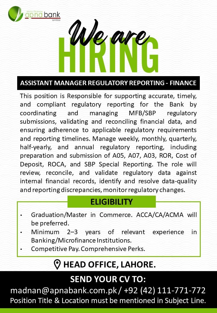 Apna Micro Finance Bank Limited Jobs Assistant Manager Regulatory Reporting Finance 1