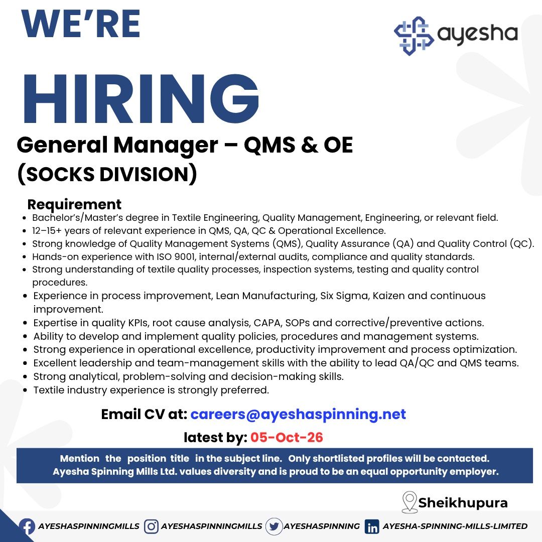 Ayesha Spinning Mills Jobs General Manager QMS & OE 1`