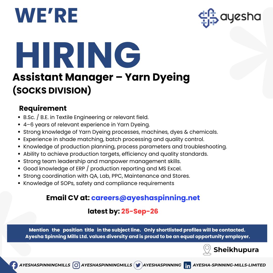 Ayesha Spinning Mills Jobs Assistant Manager Yarn Dyeing 1