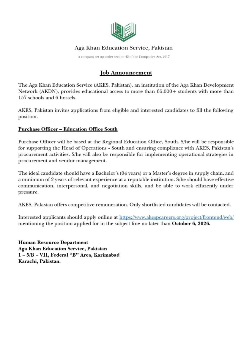 The Aga Khan Education Service (AKES Pakistan) Jobs Purchase Officer 1