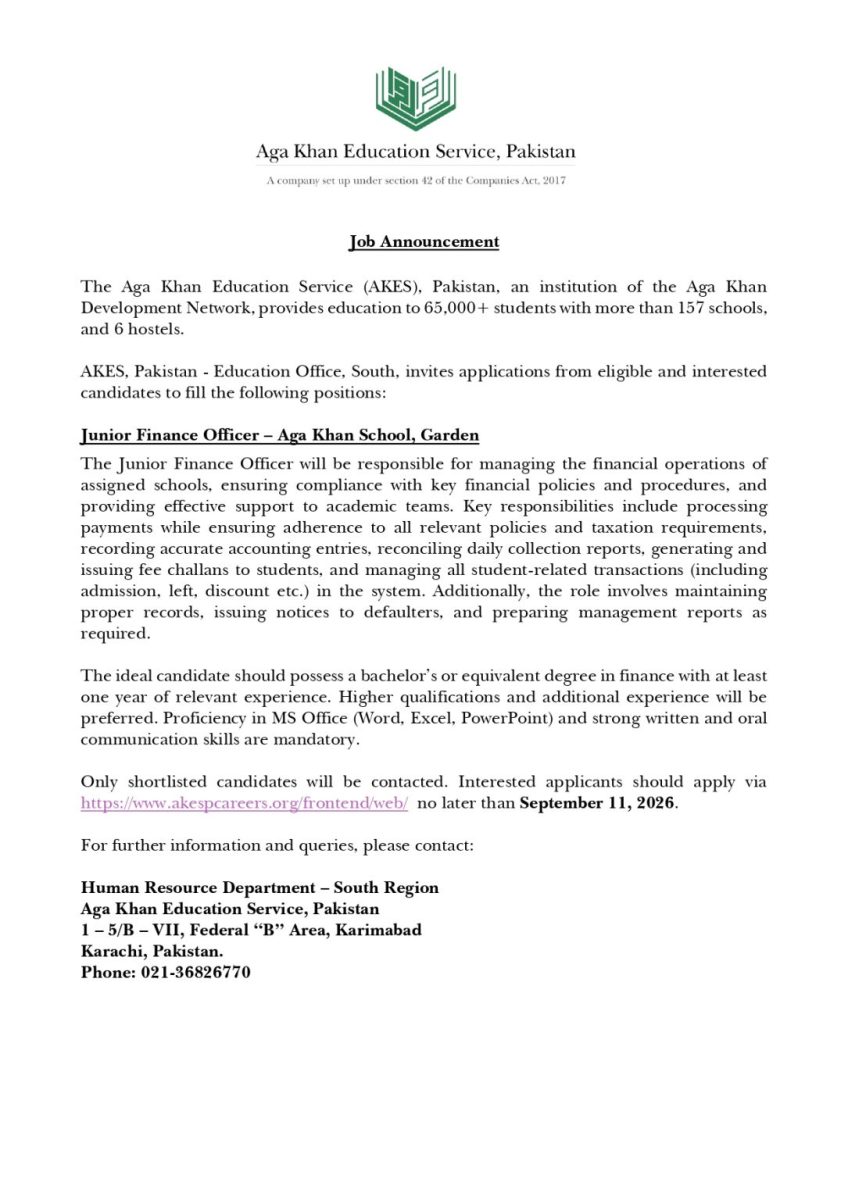 The Aga Khan Education Service (AKES) Pakistan Jobs Junior Finance Officer 1