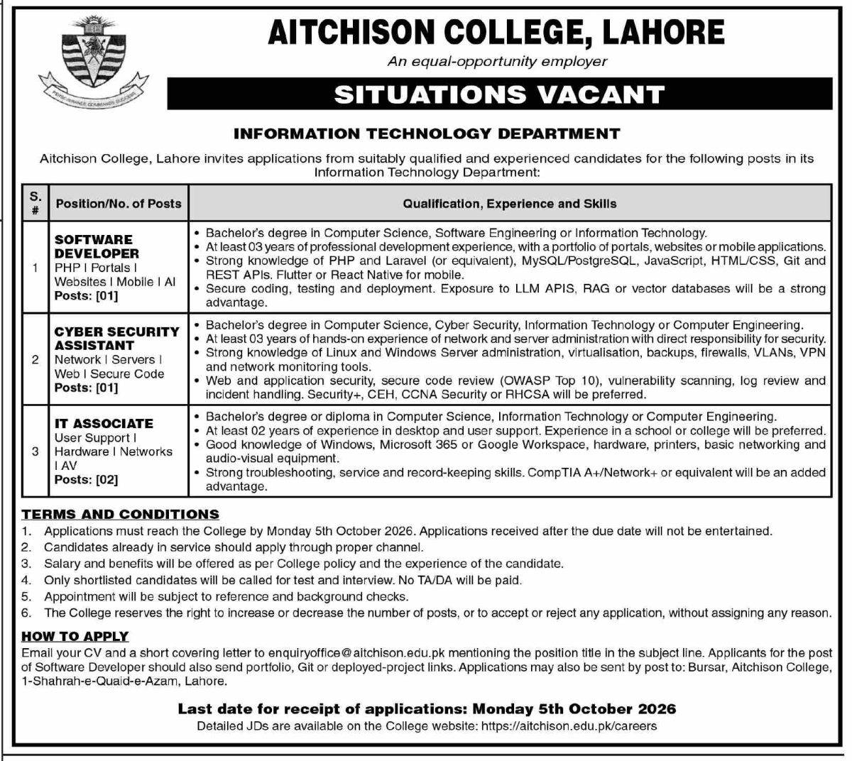 Aitchison College Lahore Jobs 20 September 2026 Dawn 1