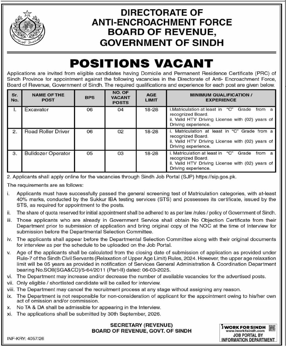 Anti Encroachment Force Sindh Jobs 15 September 2026 Dawn 1