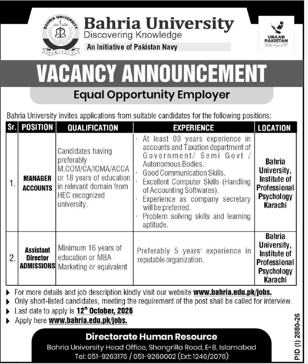 Bahria University Jobs 27 September 2026 Express Tribune 1