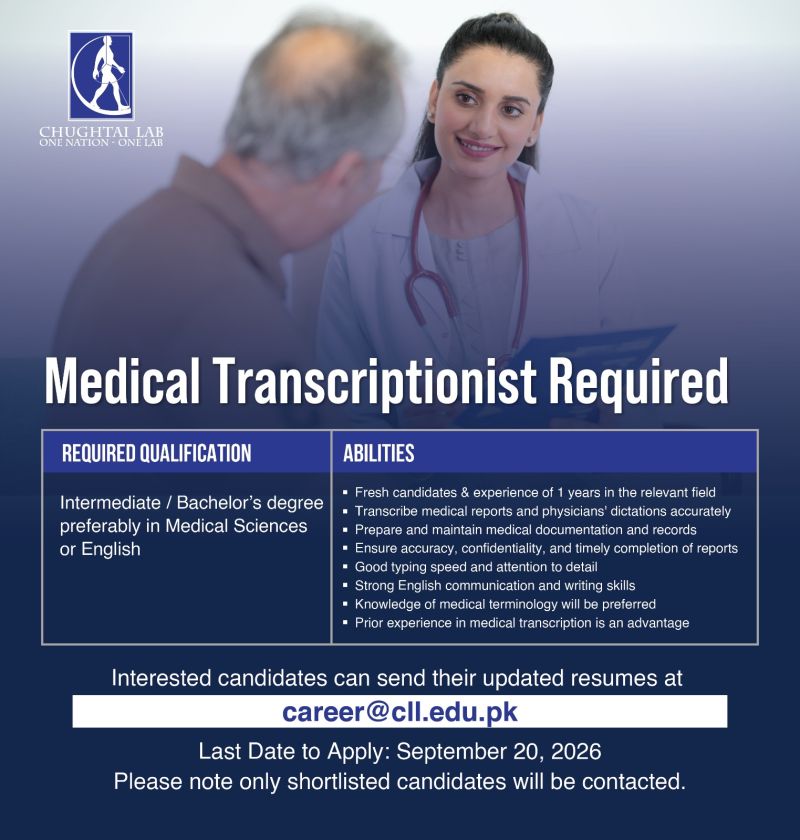 Chughtai Lab Jobs Medical Transcriptionist 1