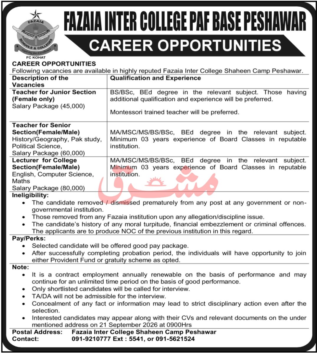 Fazaia Inter College PAF Base Peshawar Jobs 19 September 2026 Masriq 1