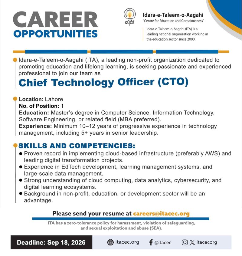 Idara-e-Taleem-o-Aagahi (ITA) Jobs Chief Technology Officer 1