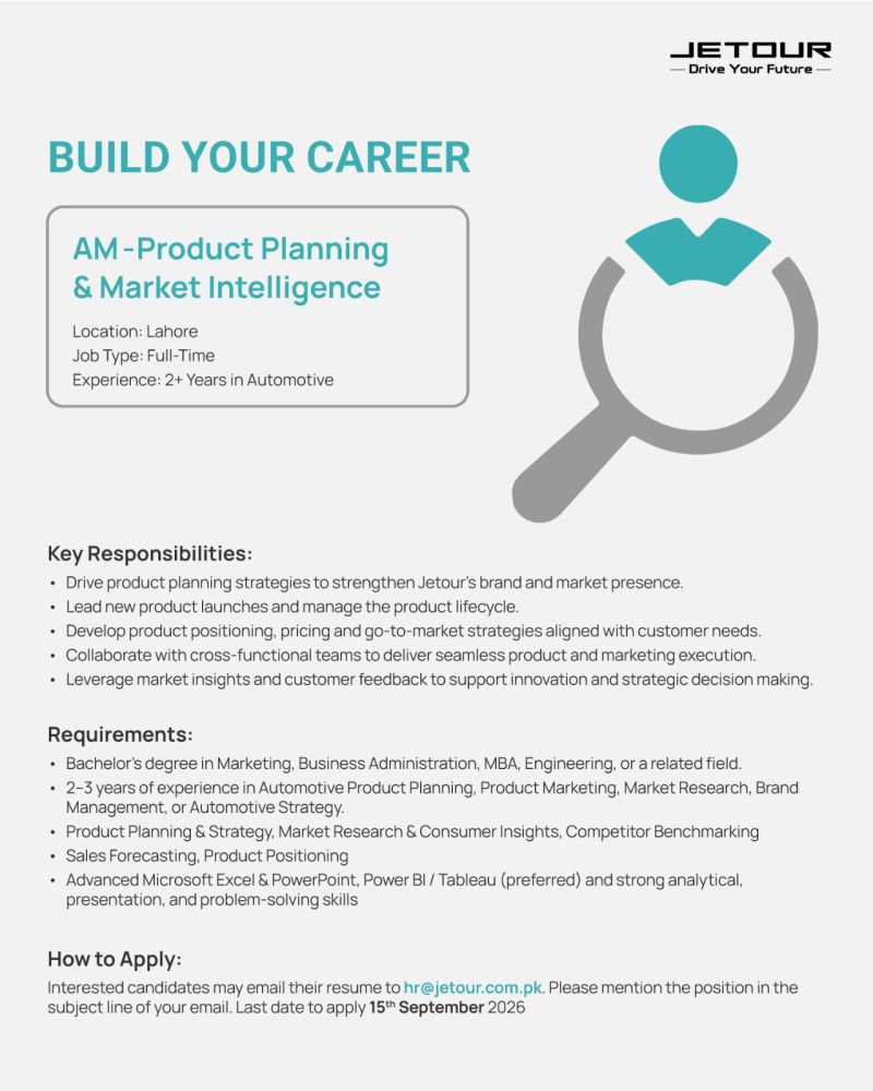 JETOUR Pakistan Jobs AM Product Planning & Market Intelligence 1