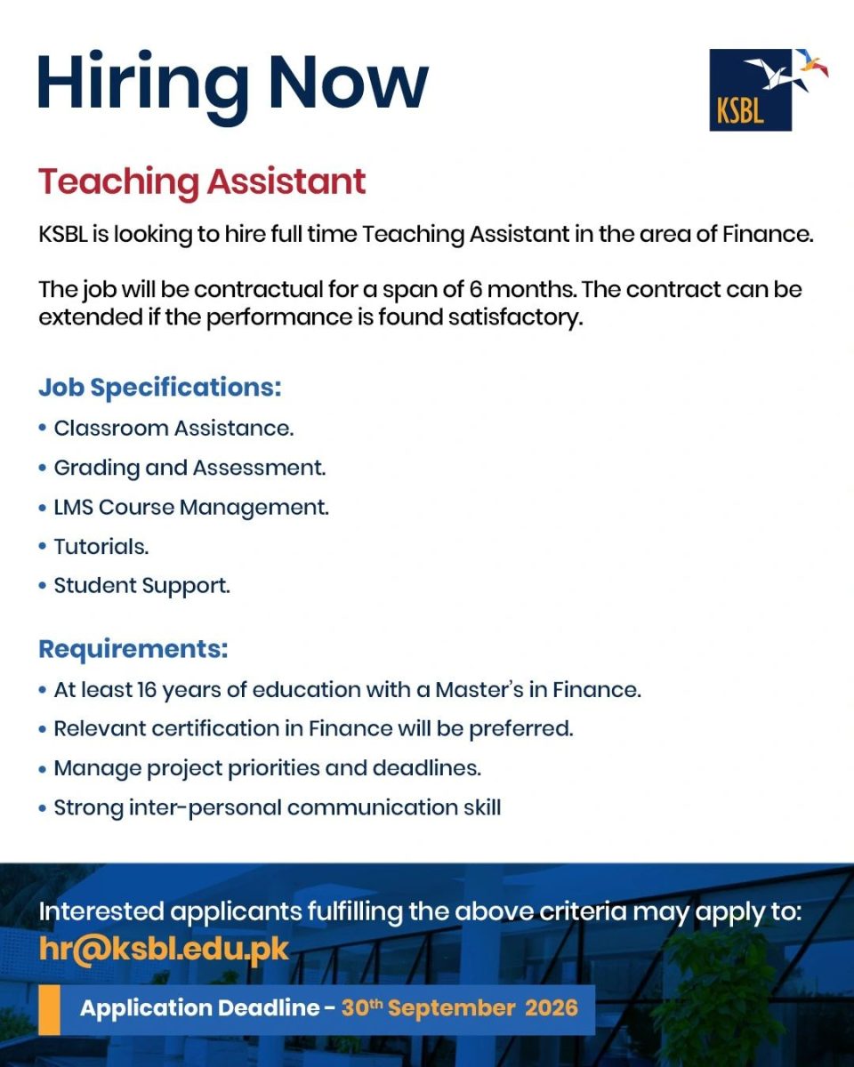 Karachi School of Business & Leadership KSBL Jobs Teaching Assistant (Finance) 1