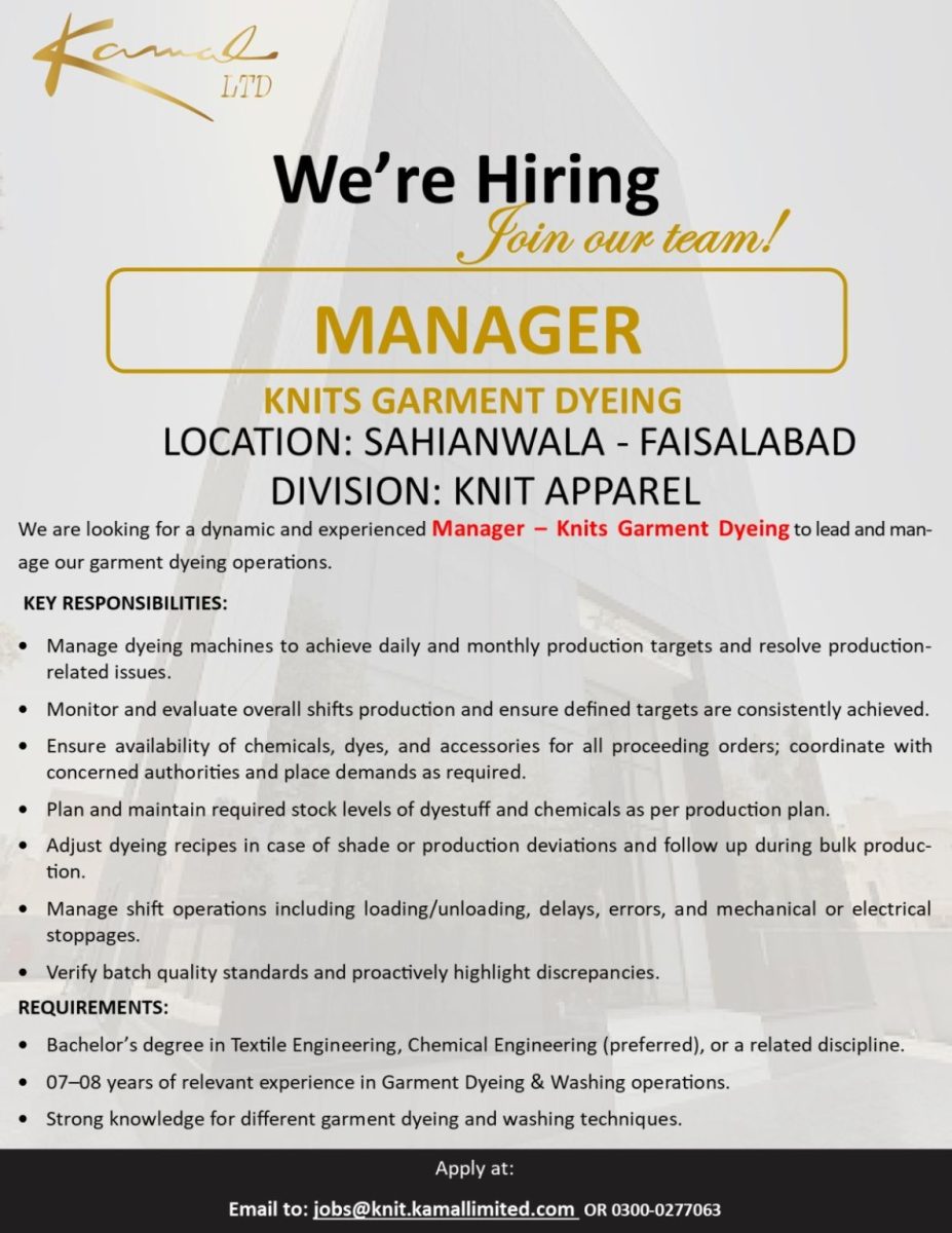 Kamal Limited Jobs Manager Garment Dyeing 1