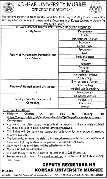 Kohsar University Murree Jobs 20 September 2026 Jang 1