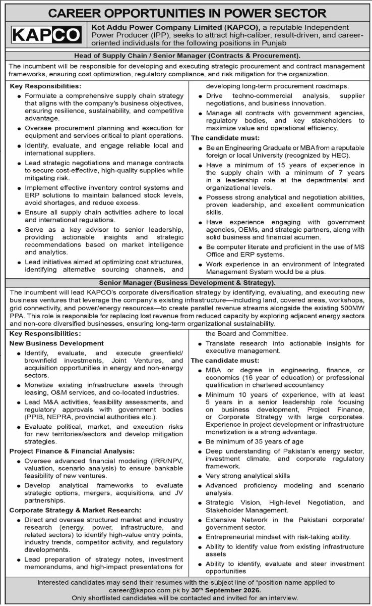 Kot Addu Power Co Ltd KAPCO Jobs 18 September 2026 Dawn 1