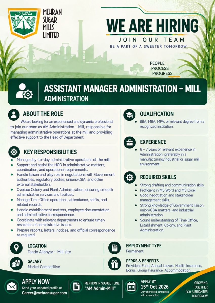 Mehran Sugar Mills Limited Jobs Assistant Manager Administration  1