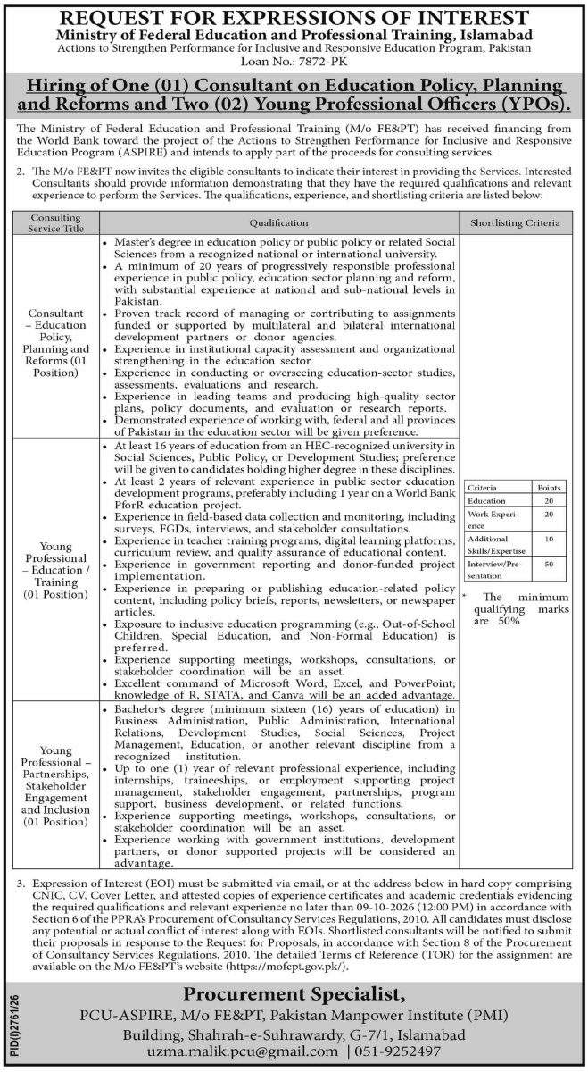 Ministry of Federal Education & Professional Training Islamabad Jobs 25 September 2026 Dawn 1