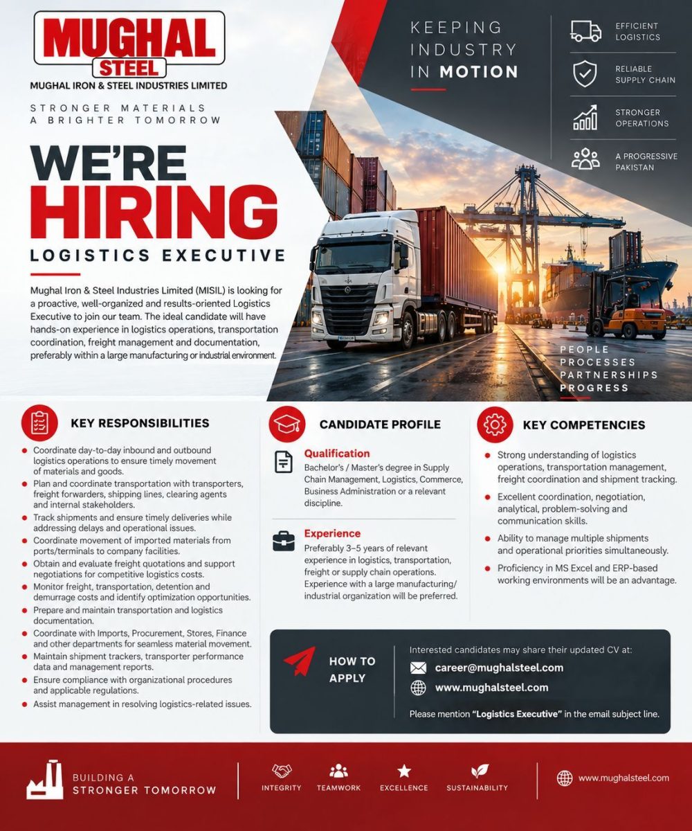 Mughal Iron & Steel Industries Limited (MISIL) Jobs Logistics Executive 1