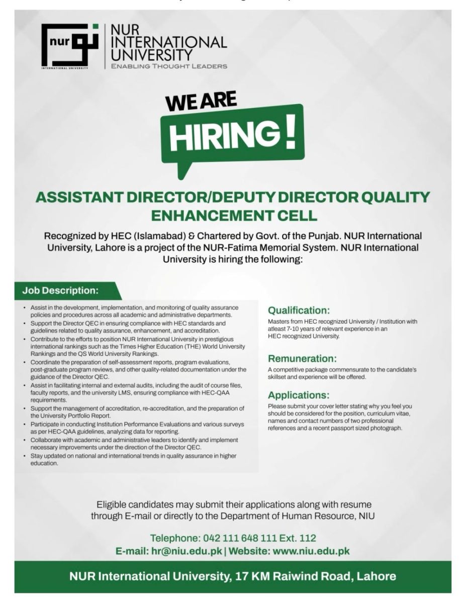 NUR International University (NIU) Jobs Assistant Director / Deputy Director Quality Enhancement Cell 1
