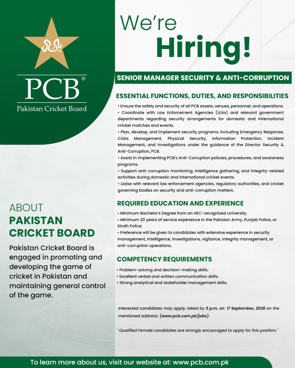 Pakistan Cricket Board PCB Jobs Senior Manager Security & Anti Corruption 1