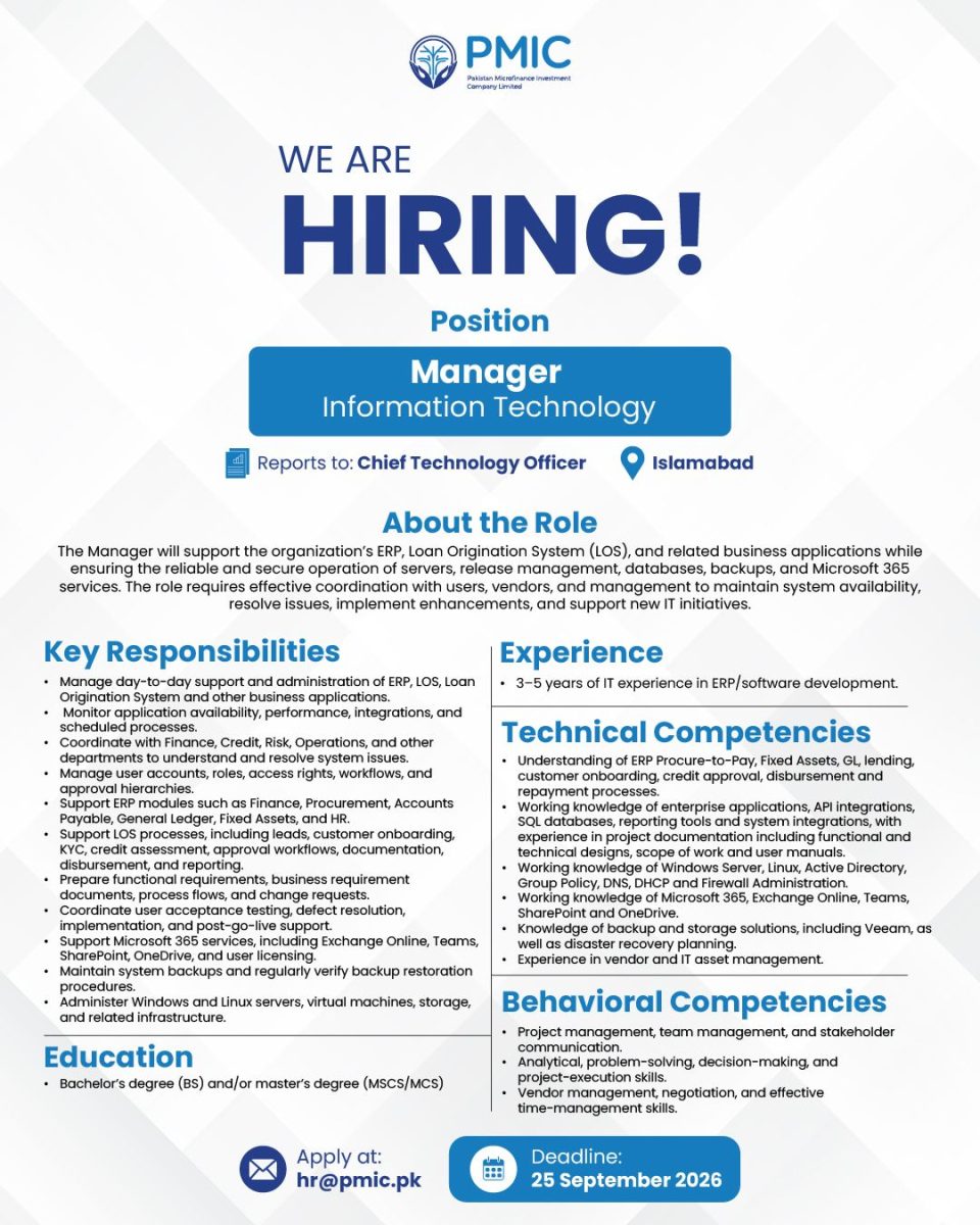 Pakistan Microfinance Investment Company Limited PMIC Jobs Manager Information Technology 1