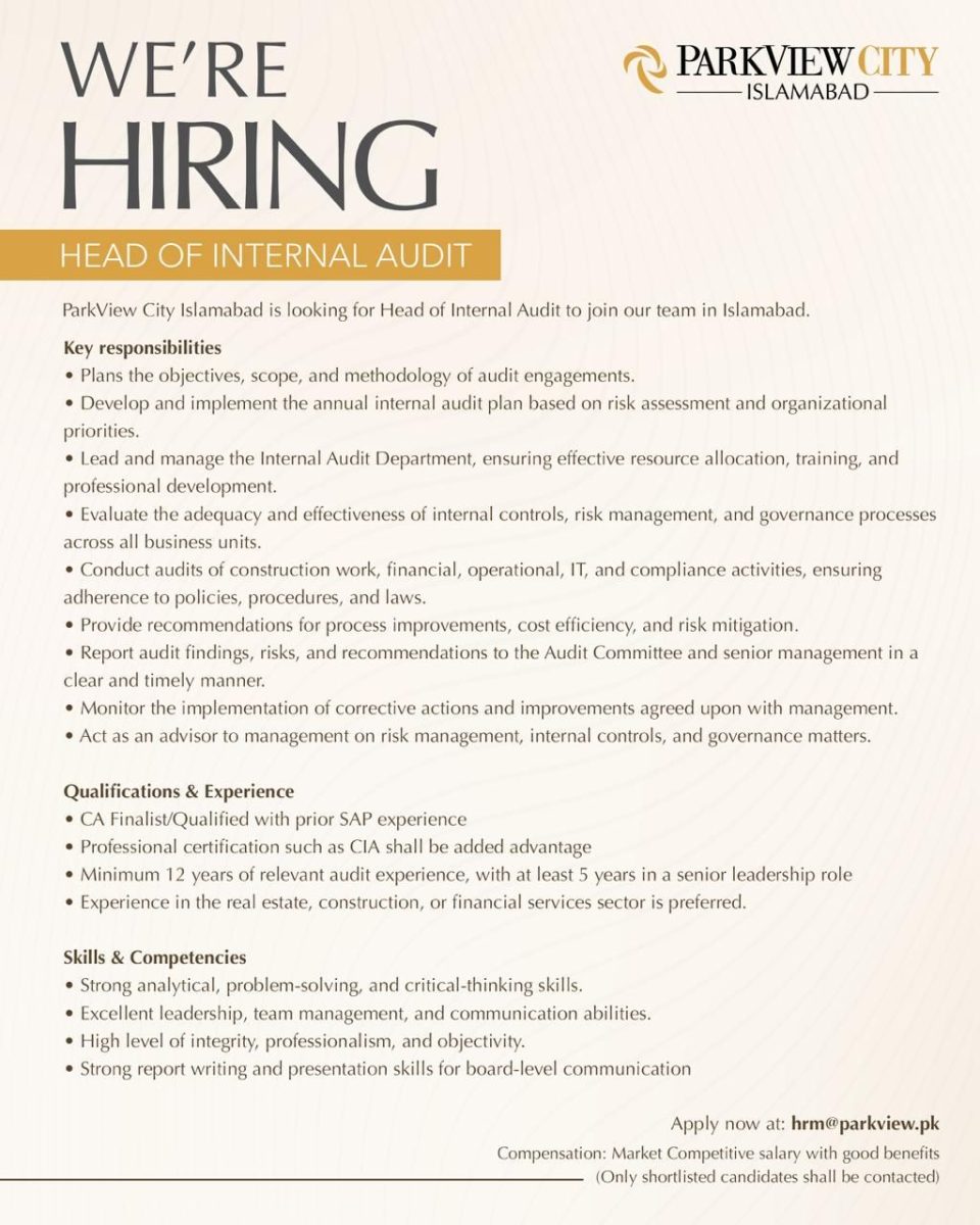 Park View City Jobs Head of Internal Audit 1