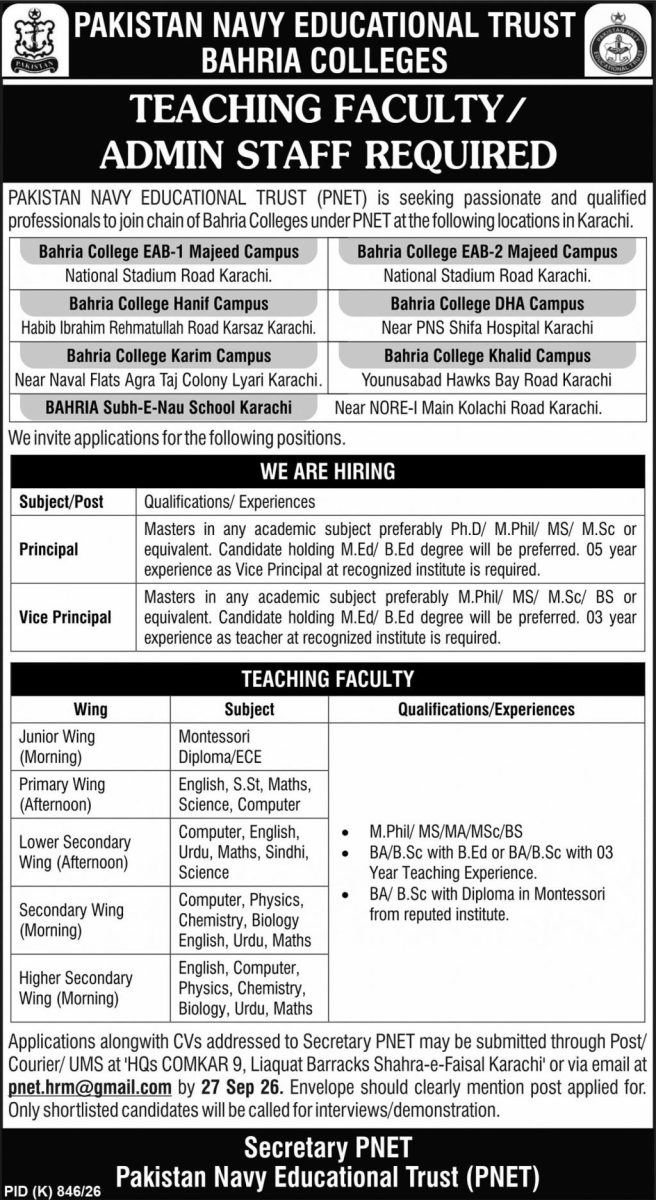 Pakistan Navy Educational Trust Bahria Colleges Jobs 13 September 2026 Express 1