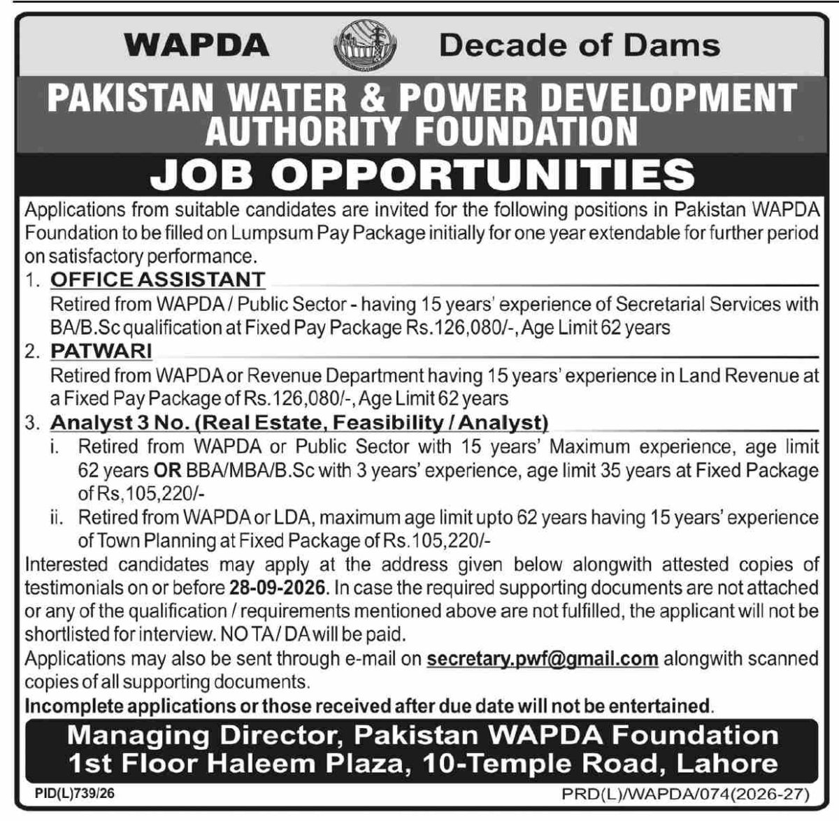 Pakistan Water & Power Development Authority Foundation Jobs 18 September 2026 Dawn 1