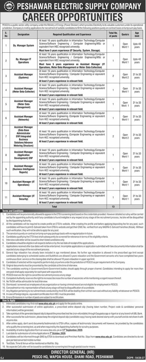 Peshawar Electric Supply Co PESCO Jobs 19 September 2026 Jang 1