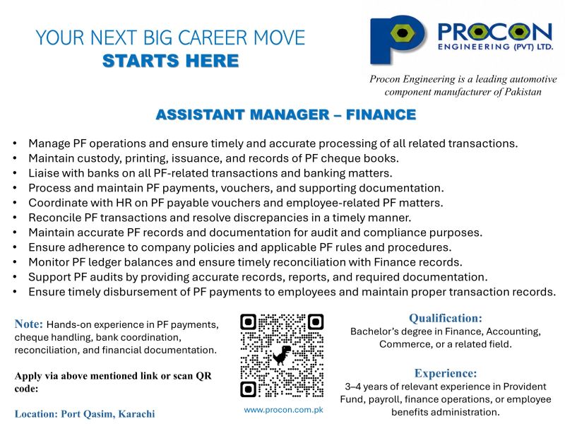 Procon Engineering Pvt Ltd Jobs Assistant Manager Finance (Provident Fund) 1