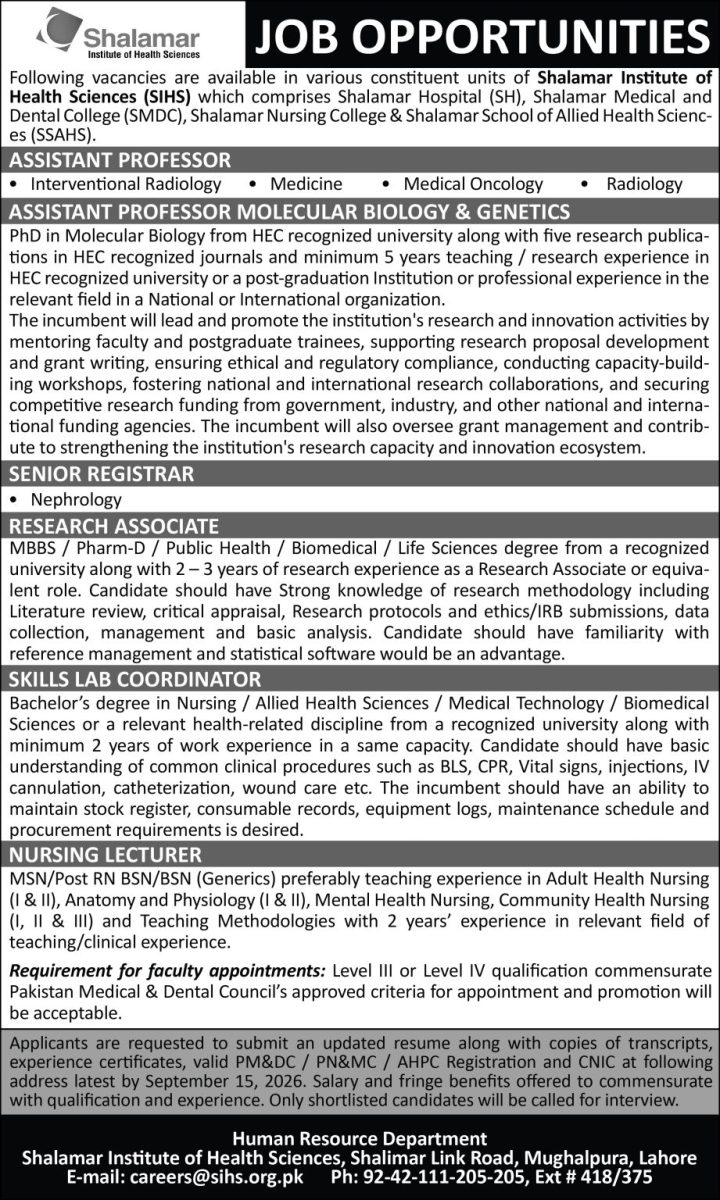 Shalamar Institute of Health Sciences (SIHS) Jobs September 2026 1