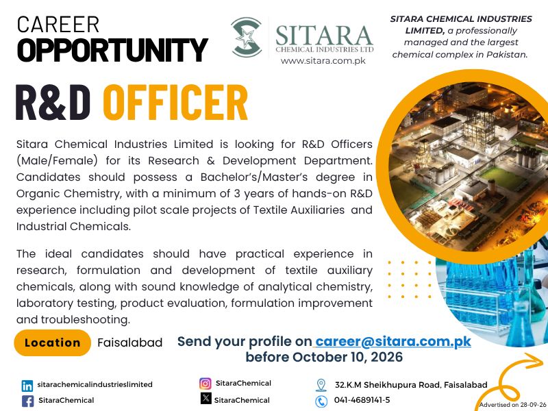 Sitara Chemical Industries Limited Jobs R&D Officer 1