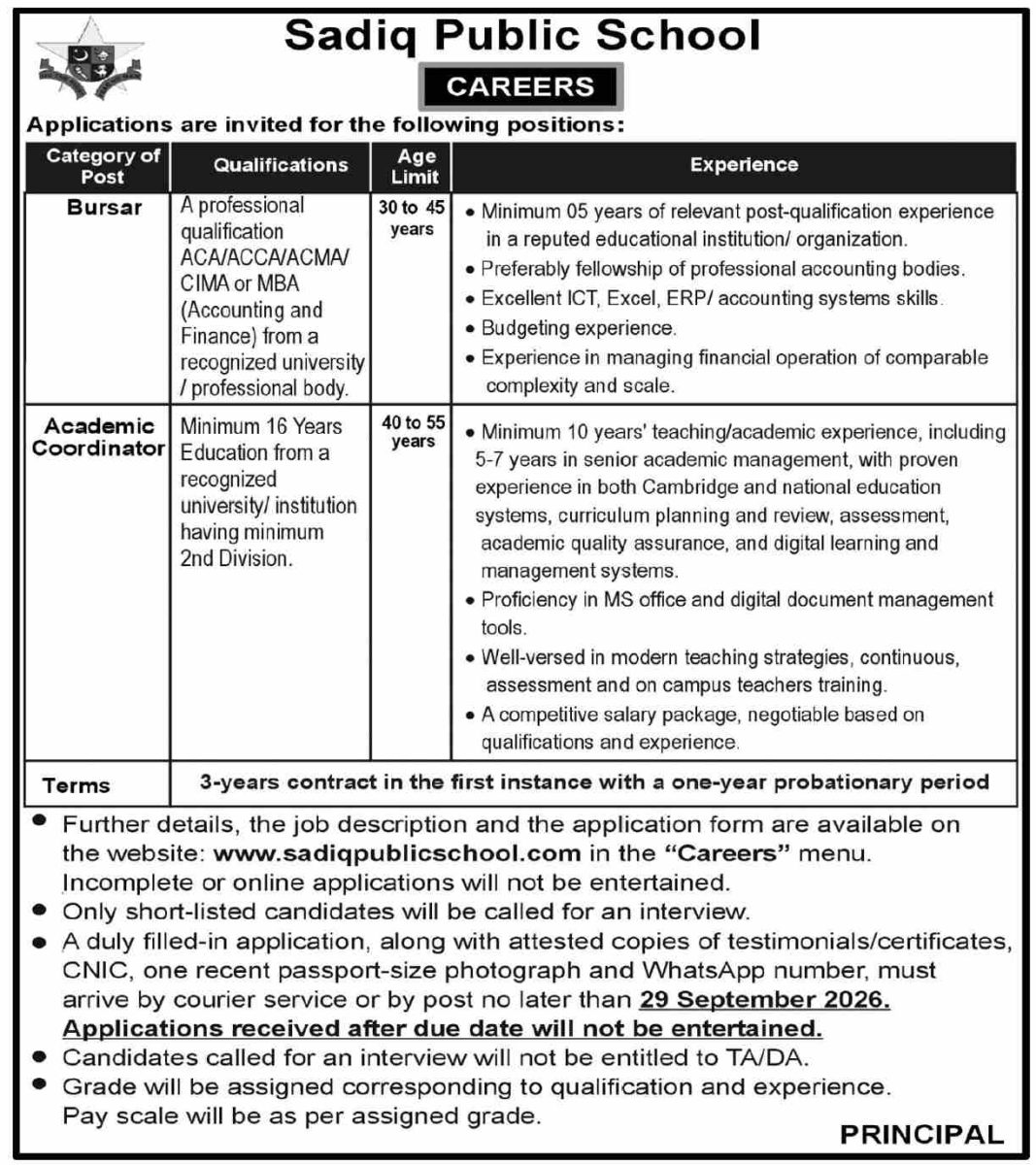 Sadiq Public School Jobs 16 September 2026 Dawn 1