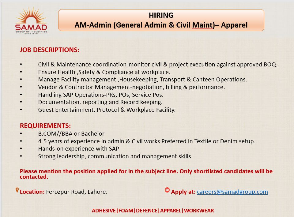 Samad Group of Companies Jobs AM Admin 1