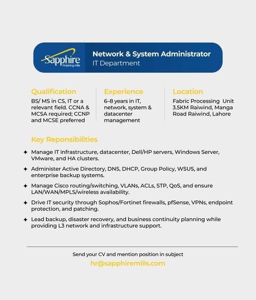 Sapphire Finishing Mills Jobs Network & System Administrator 1