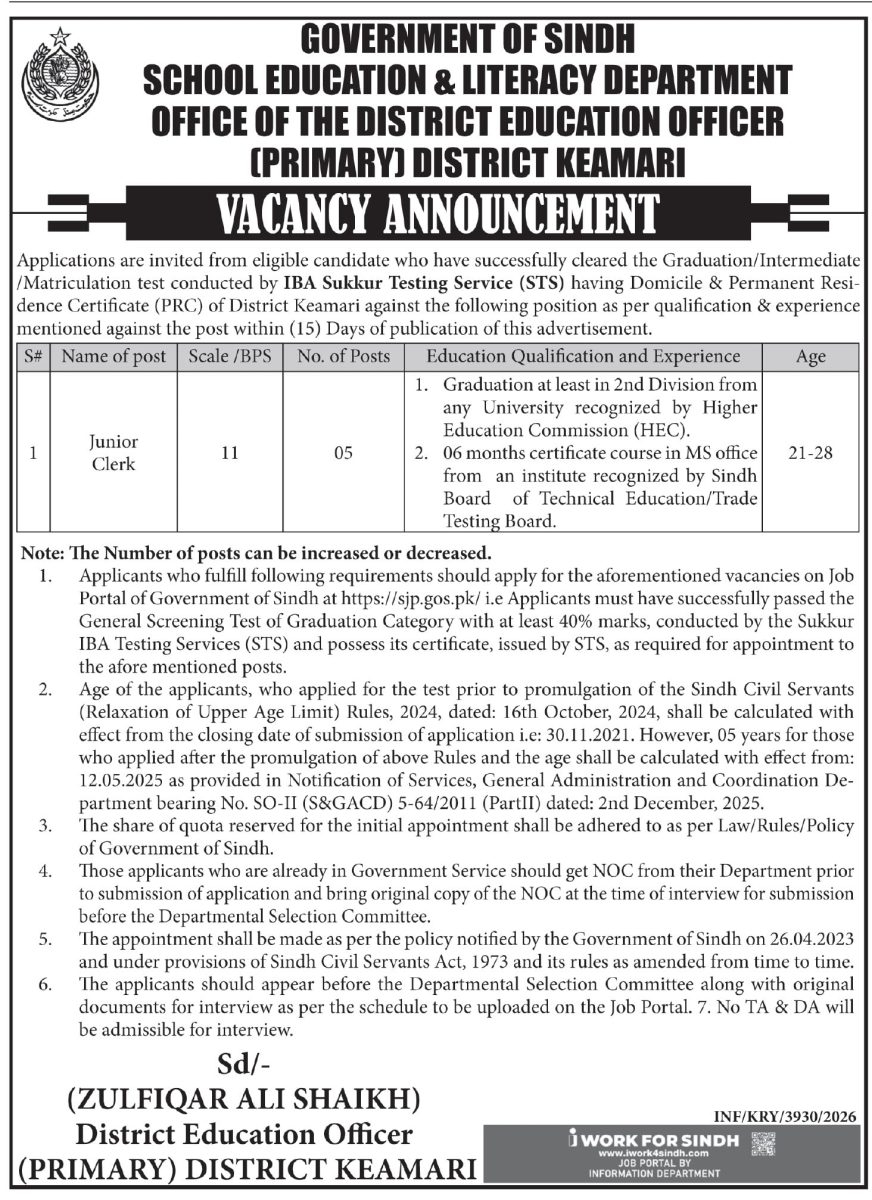 School Education & Literacy Department Sindh District Keamari Jobs 09 September 2026 Express Tribune 1
