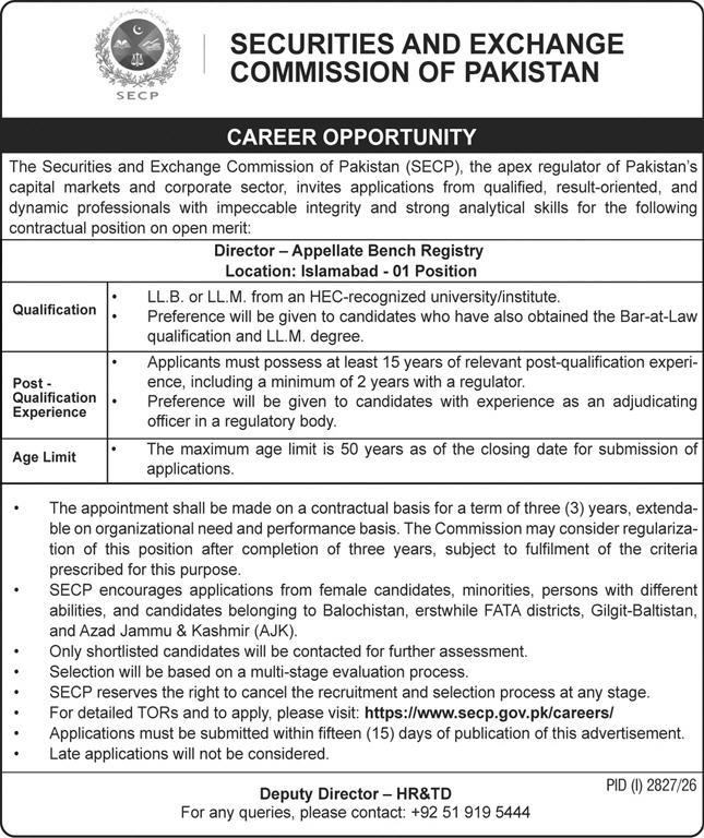 Securities & Exchange Commission of Pakistan SECP Jobs 27 September 2026 Express 1