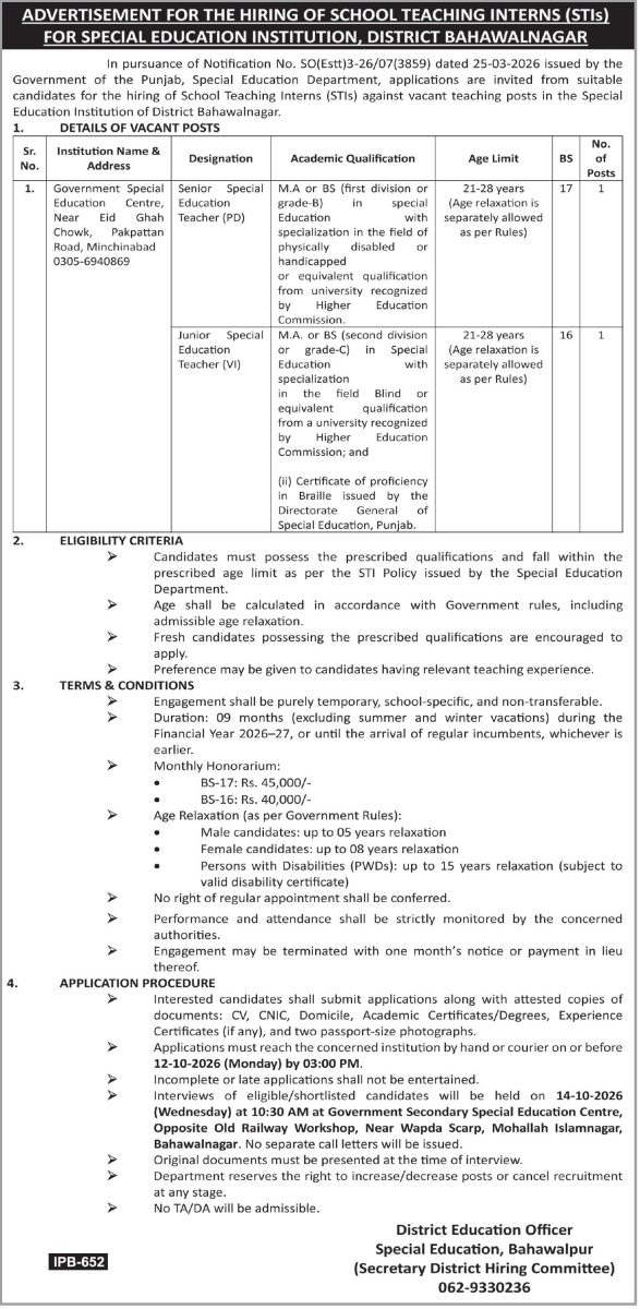 Special Education Department Bahawalnagar Jobs 25 September 2026 Express Tribune 1
