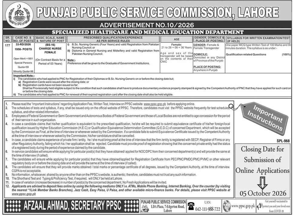 Specialized Healthcare & Medical Education Department Punjab Jobs 17 September 2026 Dunya 1