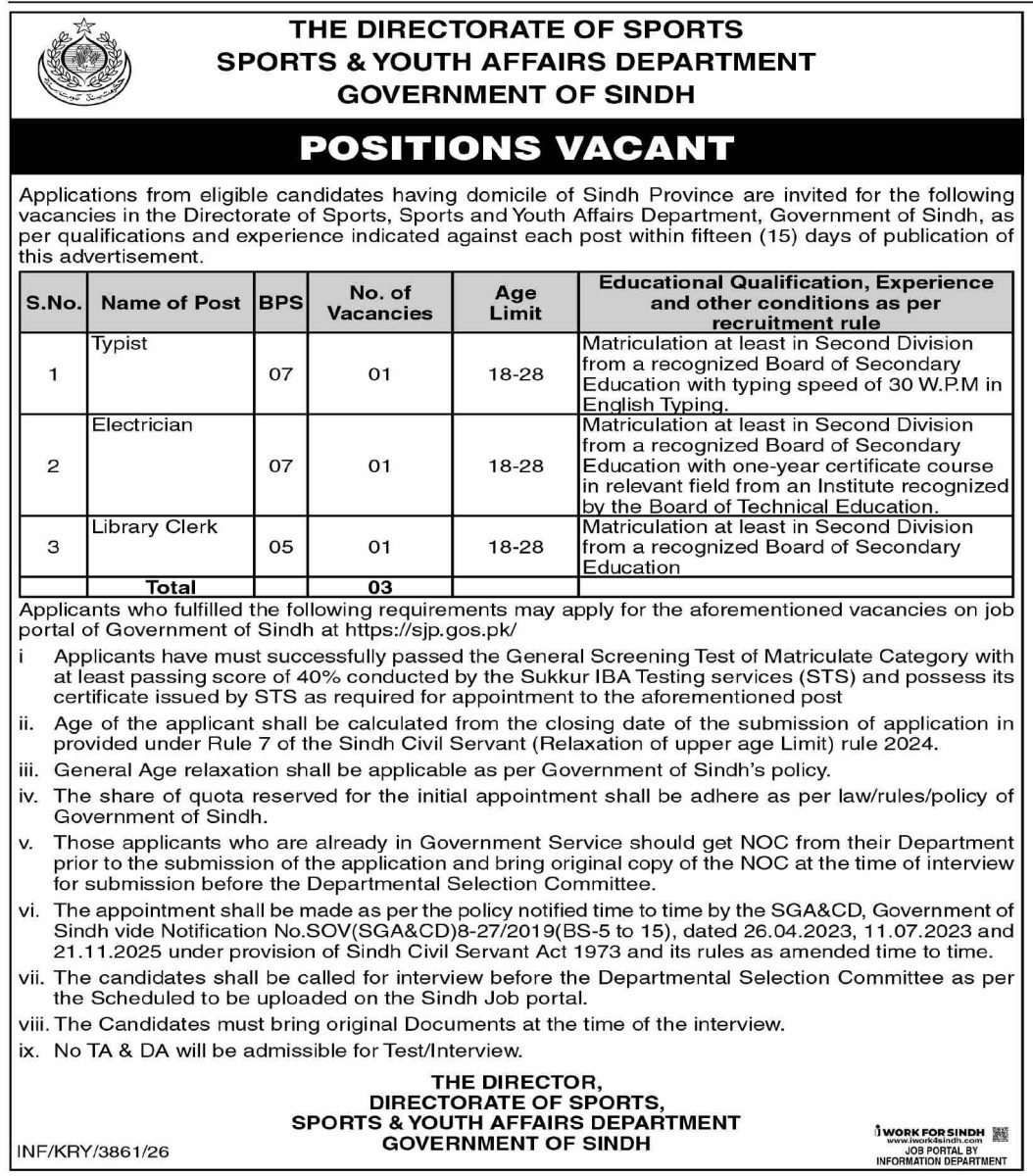 Sport & Youth Affairs Department Sindh Jobs 03 September 2026 Dawn 1