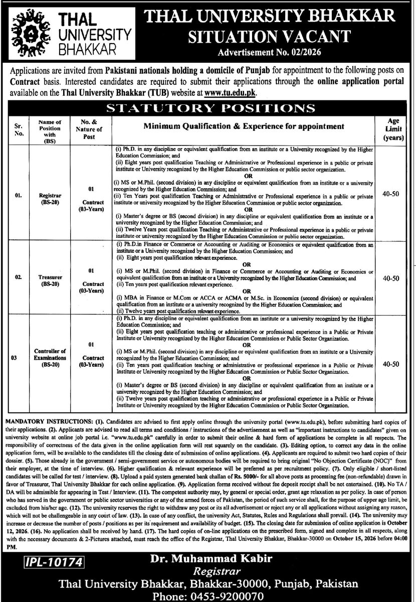 Thal University Bhakkar TUB Jobs 27 September 2026 Express Tribune 1