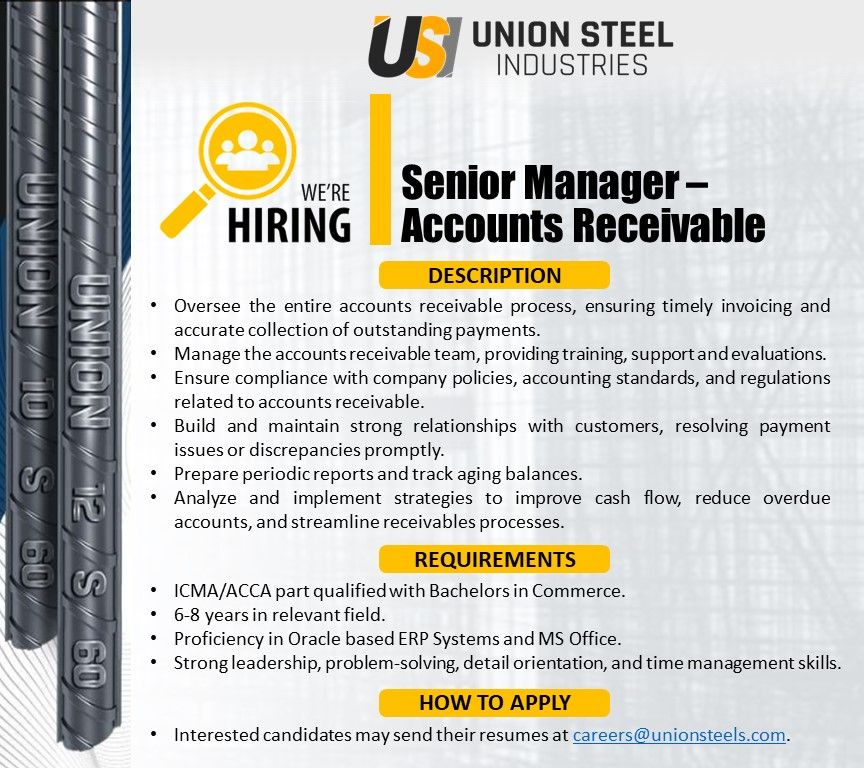 Union Steel Industries Jobs Senior Manager Accounts Receivables 1